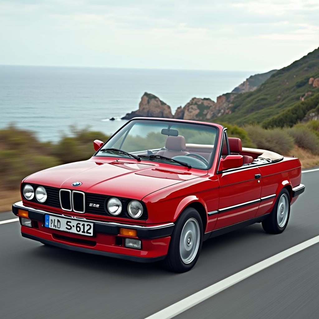 BMW E30 Cabrio fährt auf einer malerischen Küstenstraße