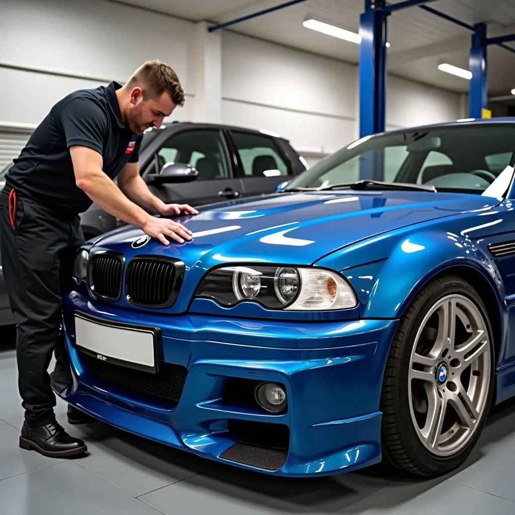 Mechanic installing a BMW E46 body kit