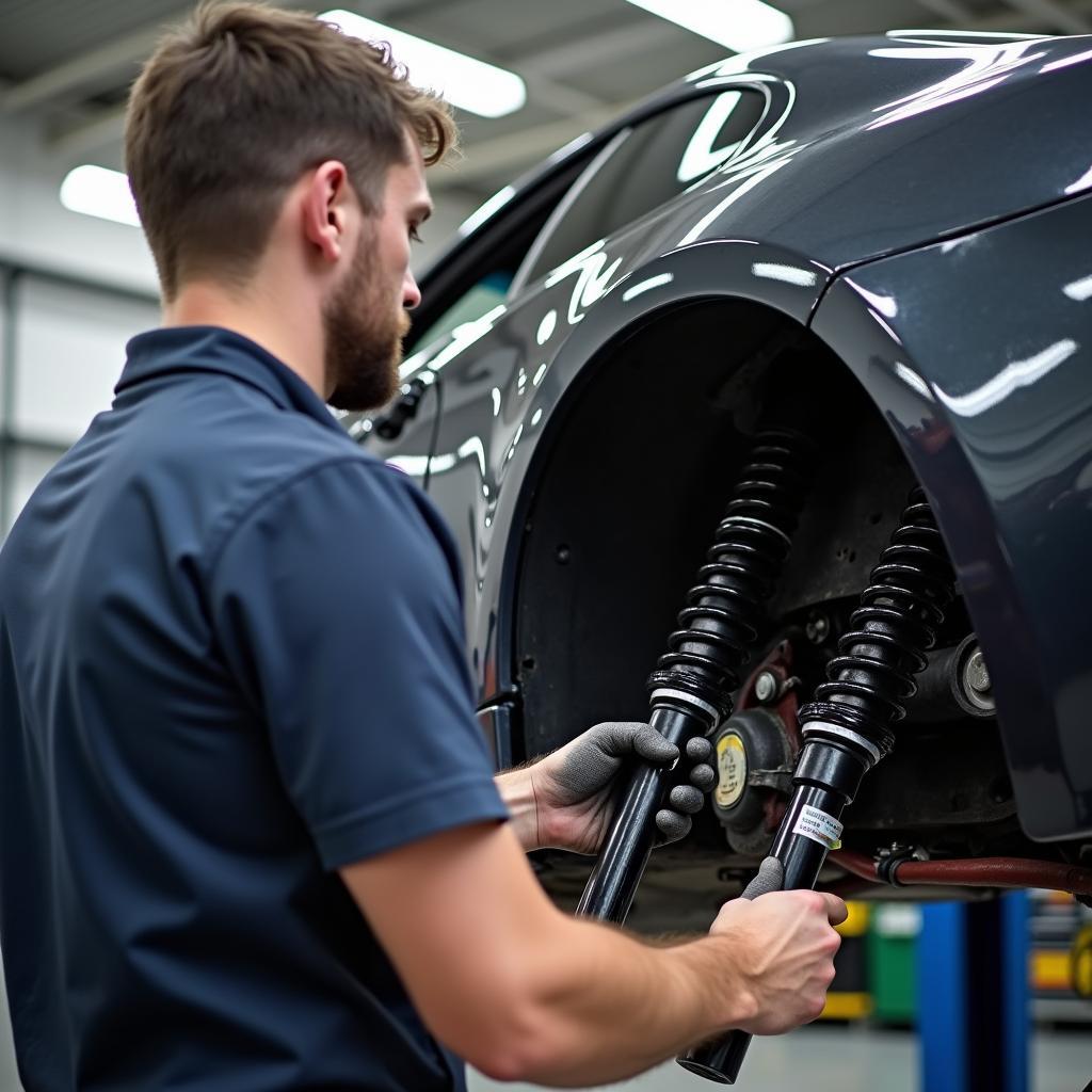 Einbau neuer Stoßdämpfer an einem BMW E91 in einer Werkstatt