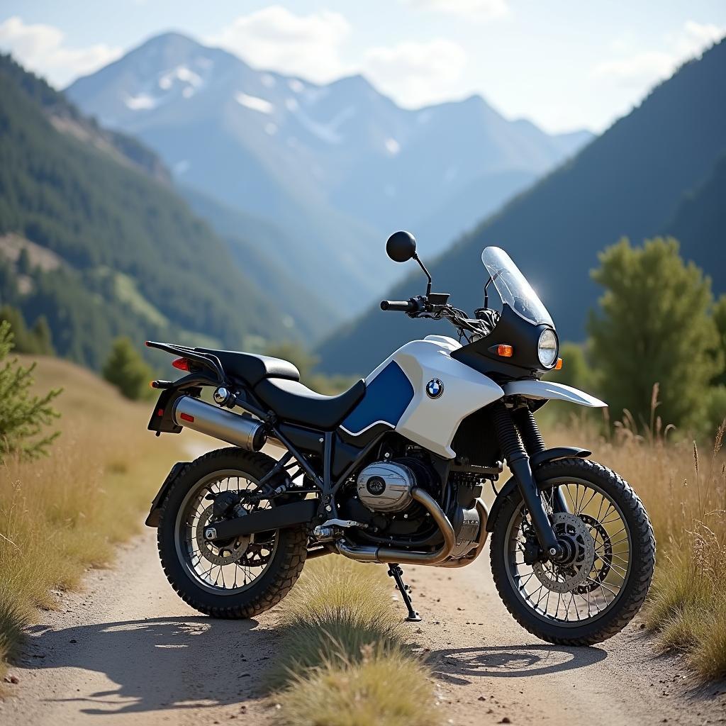 A 1990 BMW R 100 GS Adventure motorcycle in white and blue