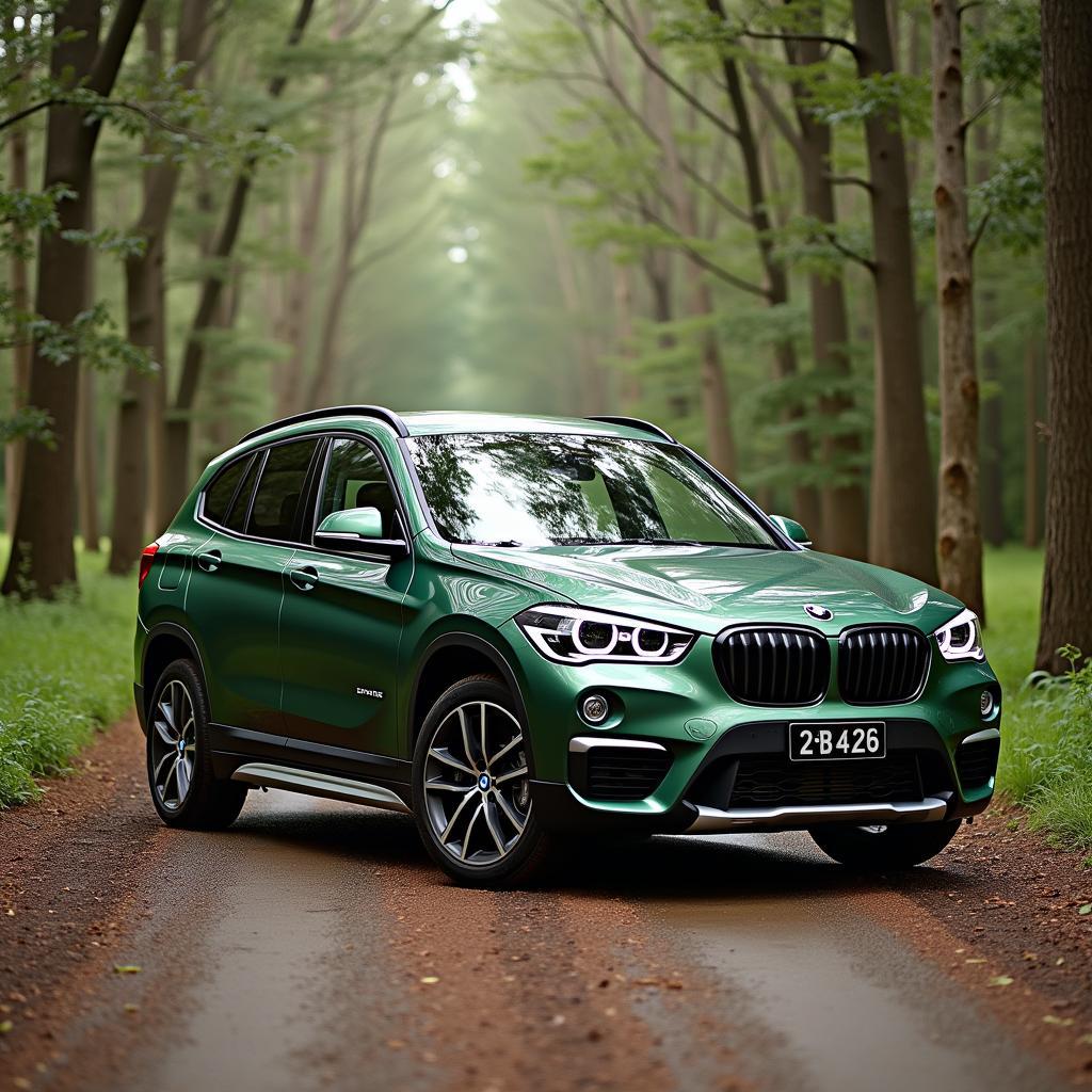 BMW X1 in Cape York Grün Metallic im Wald