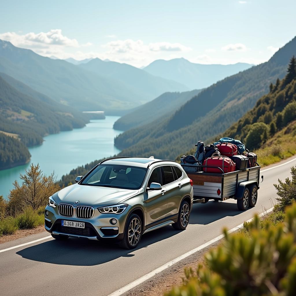 BMW X1 xDrive20d zieht einen Anhänger auf der Straße