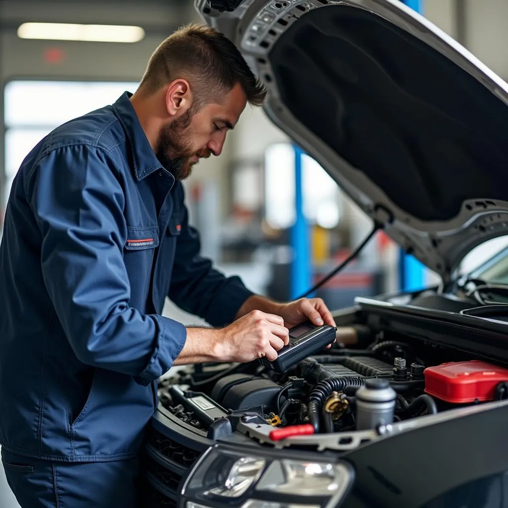 Teknisi memeriksa mobil Dacia di bengkel