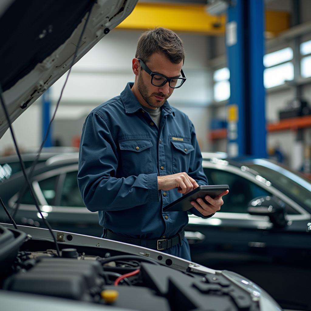 Ein Mechaniker arbeitet in einer Kfz-Werkstatt an einem Auto.