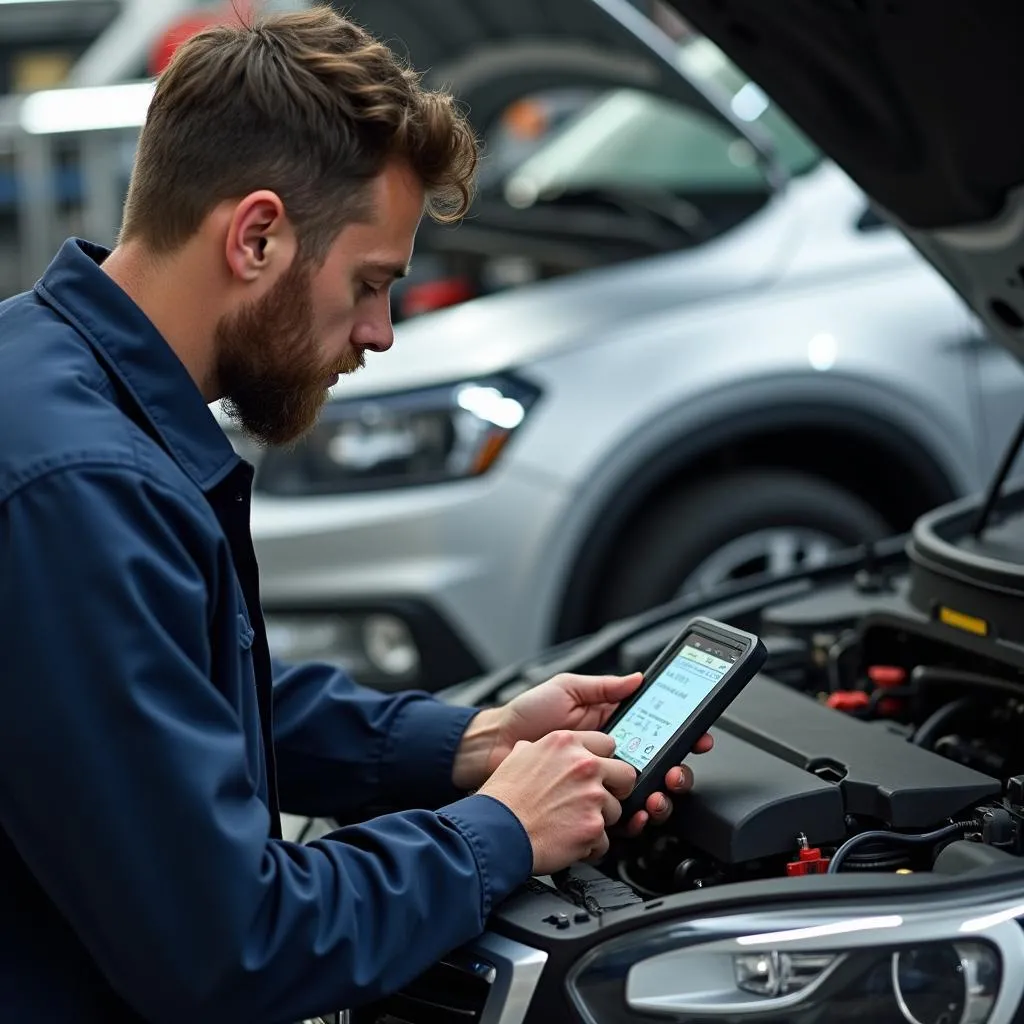 Automechaniker mit Diagnosegerät in Werkstatt