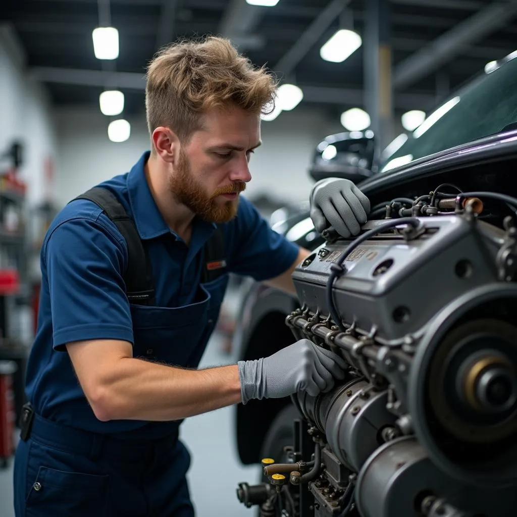 Reparatur eines Dieselmotors in der Werkstatt