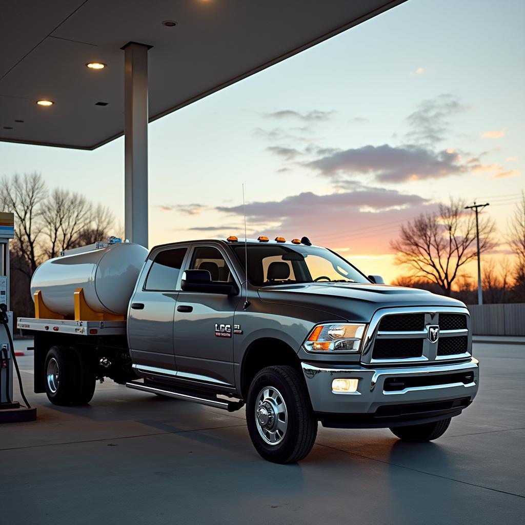 Dodge Ram tankt Gas an einer Tankstelle