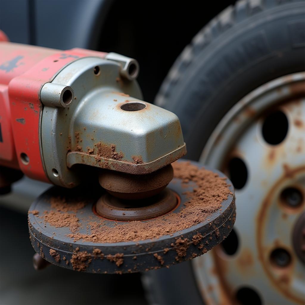 Removing rust from a car part using an angle grinder with a wire brush attachment