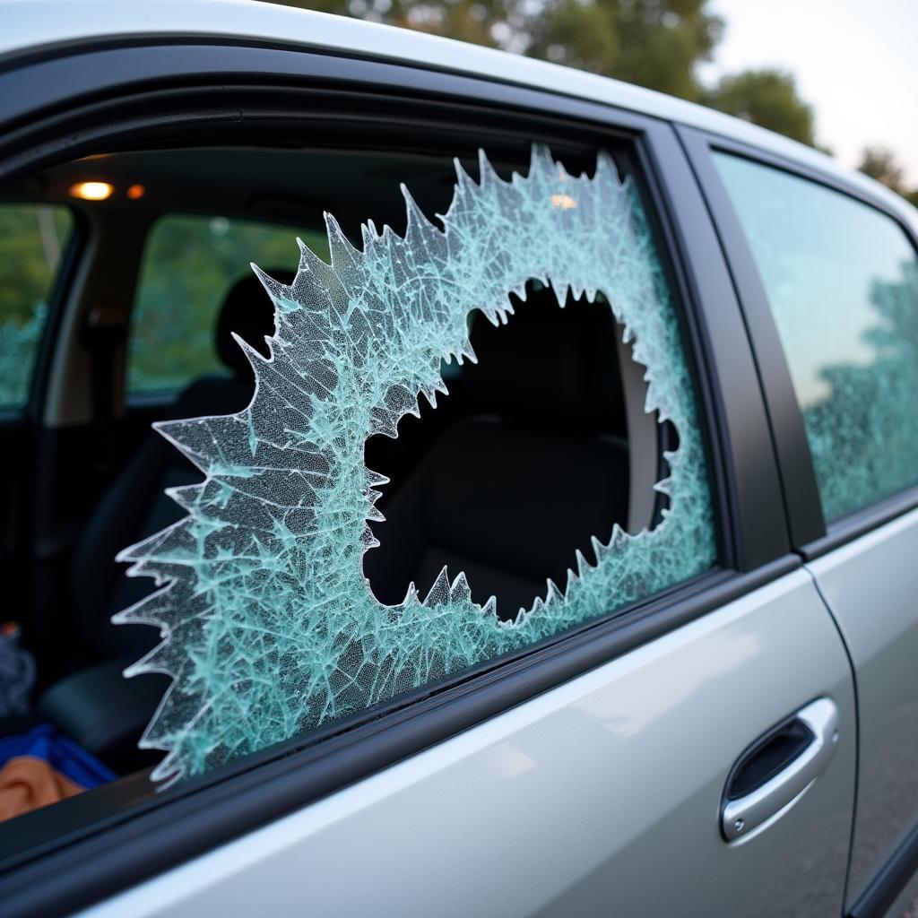 Zerbrochenes Seitenfenster eines Autos nach einem Einbruch