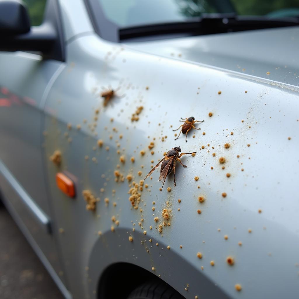 Eingetrockneter Fliegenkot auf einem Autolack