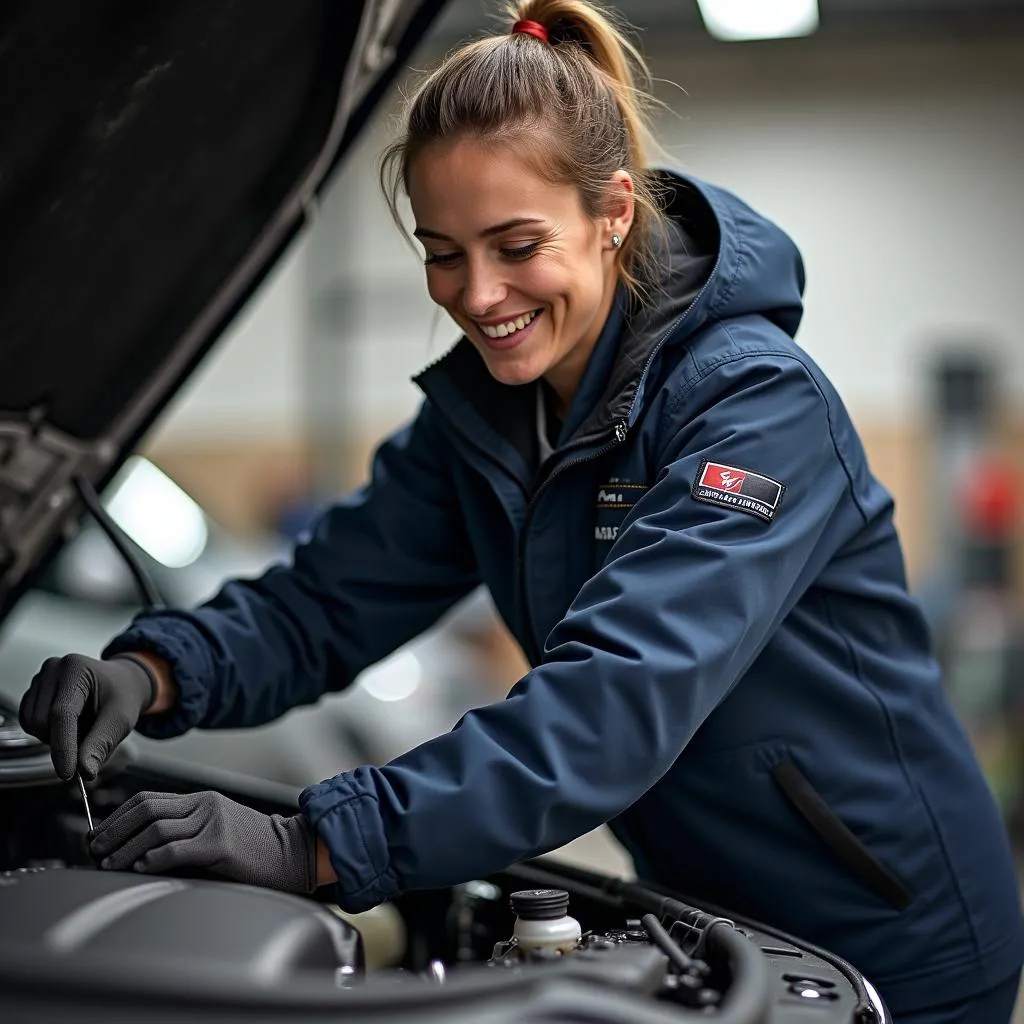 KFZ-Mechatronikerin bei der Arbeit in der Engelbert Strauss 3-in-1 Jacke