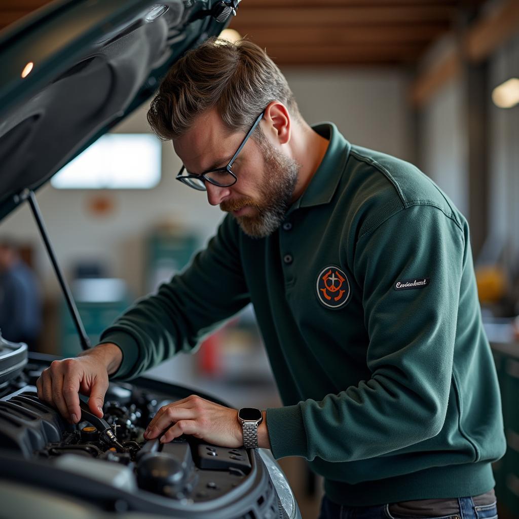 Ein Mechaniker arbeitet an einem Auto und trägt einen Engelbert & Strauss Pullover