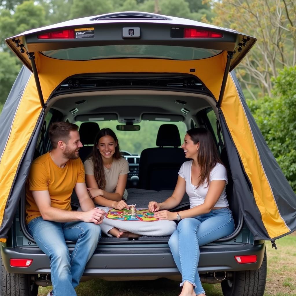 Familie genießt Campingurlaub im Obelink Portellone Heckzelt