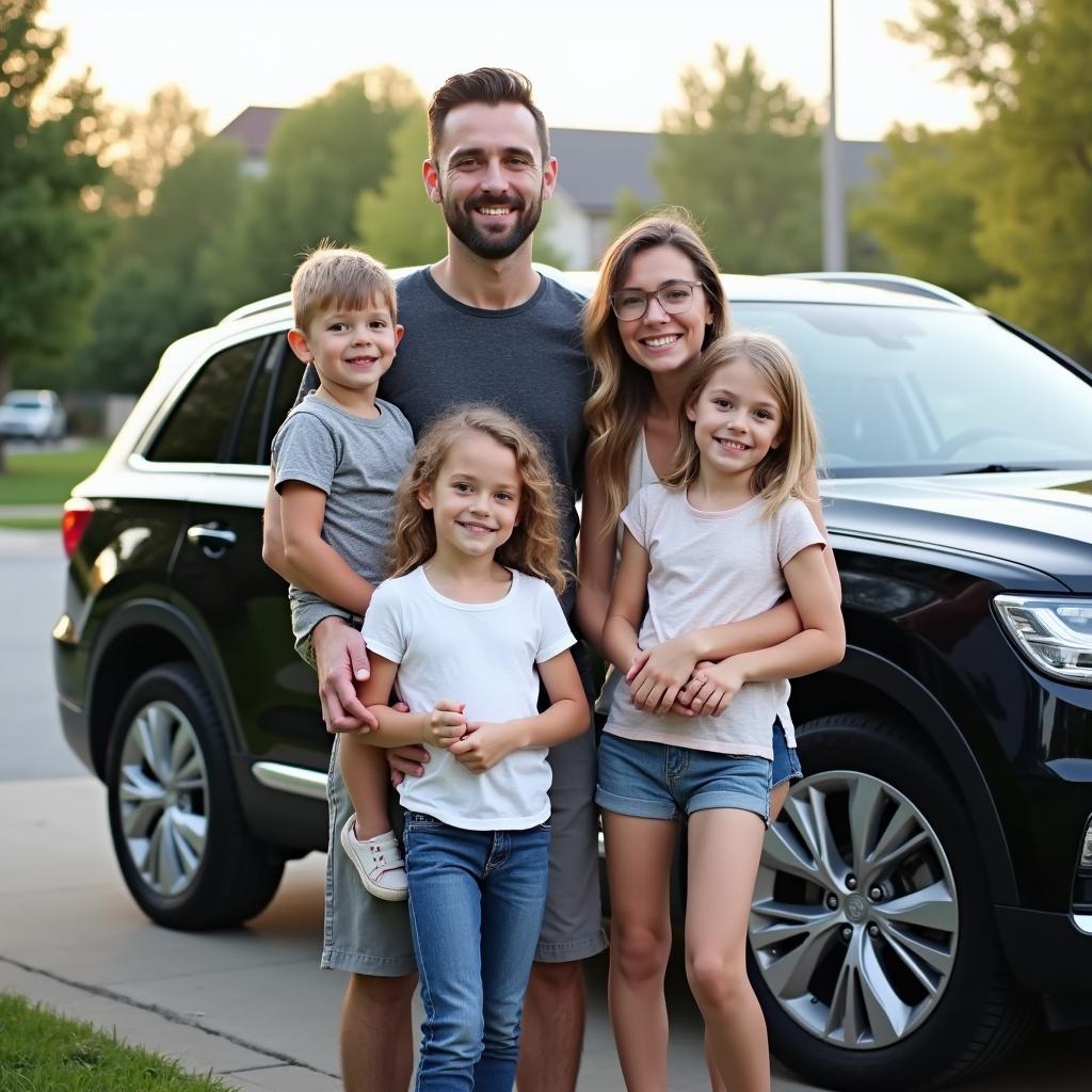 Glückliche Familie steht vor ihrem neuen Automatik Neuwagen