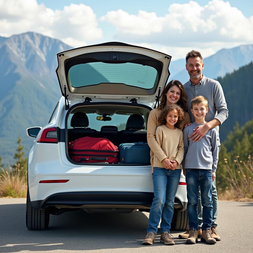 Familie mit Plug-in-Hybrid Auto im Urlaub