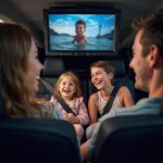 Familie schaut Film auf Blue-Ray-Player im Auto