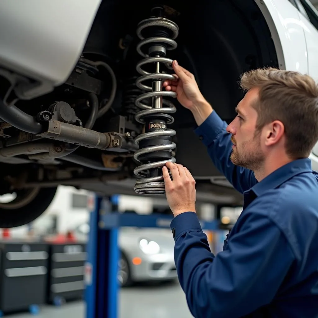 Mecânico inspecionando as molas de um carro em uma oficina