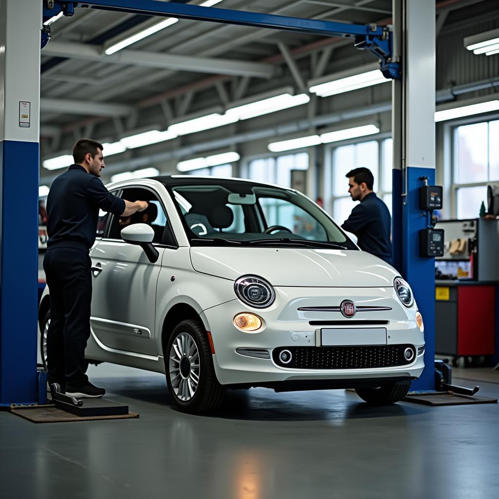 Manutenzione di una Fiat 500 in officina