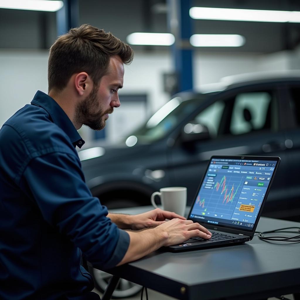 Mechaniker analysiert Daten an einem Laptop in der Werkstatt