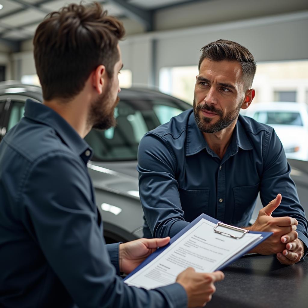 Financial advisor consulting with auto repair shop owner