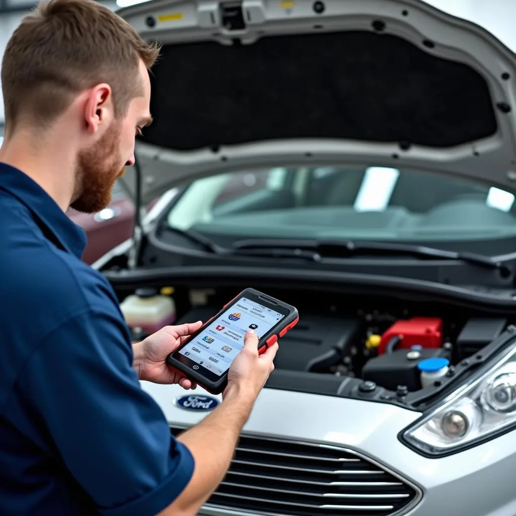 Offener Motorraum eines Ford S-Max während der Diagnose