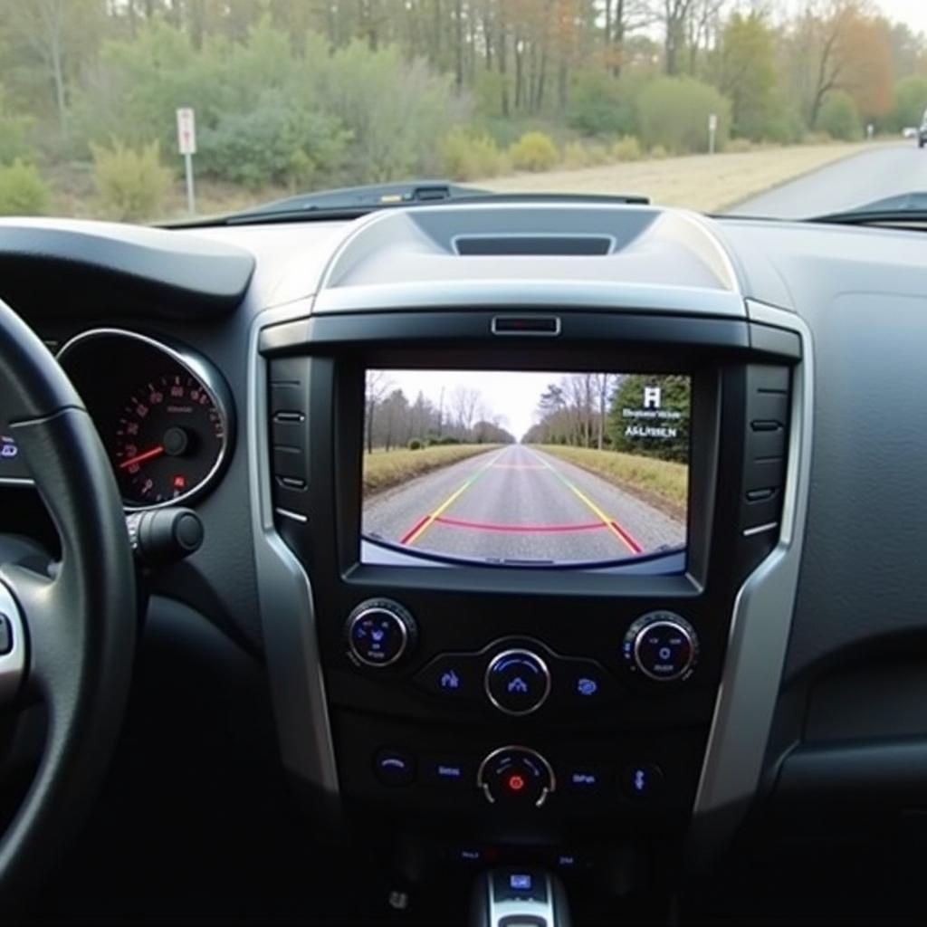 Der Monitor im Cockpit des Ford Transit Custom zeigt das Bild der Rückfahrkamera an