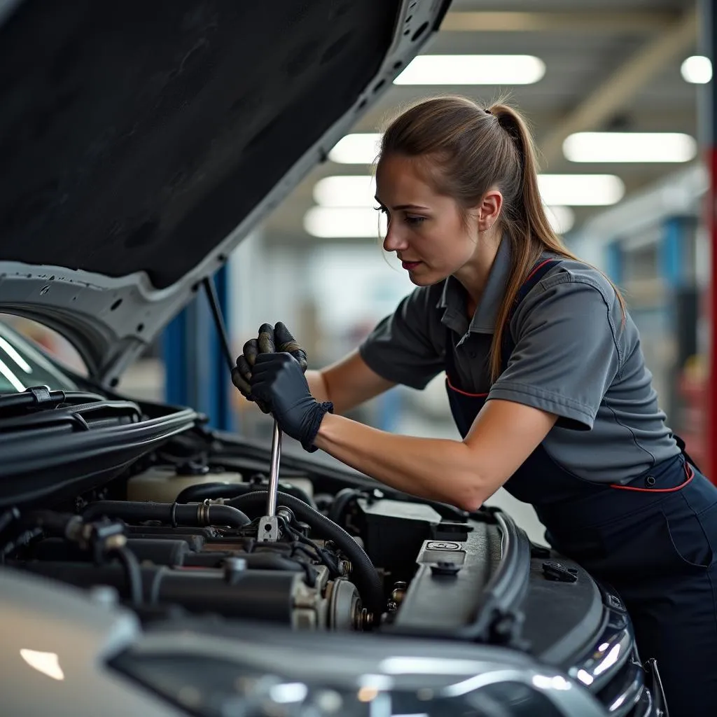 Frau repariert Auto in der Garage