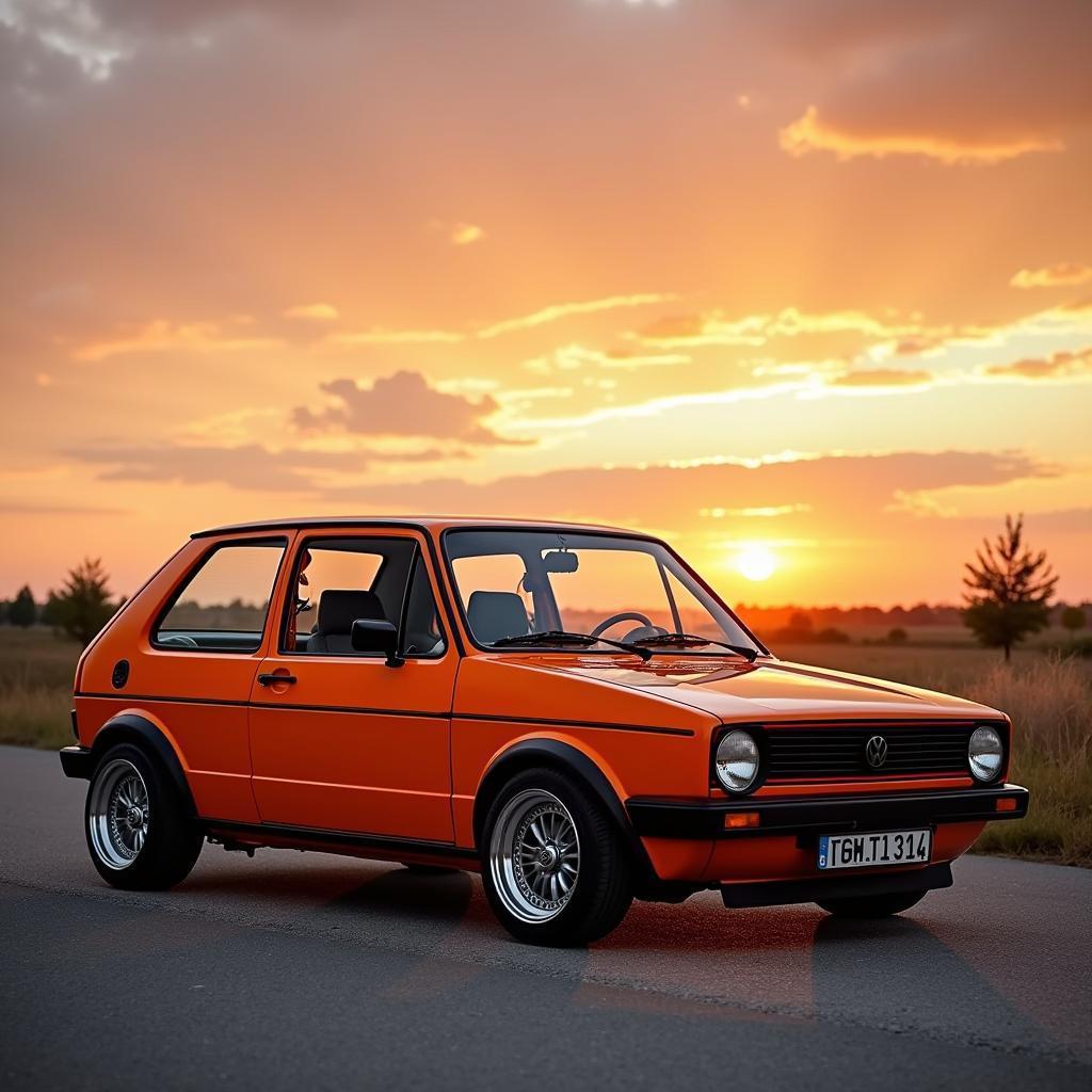 Golf 1 Orange in der Abendsonne