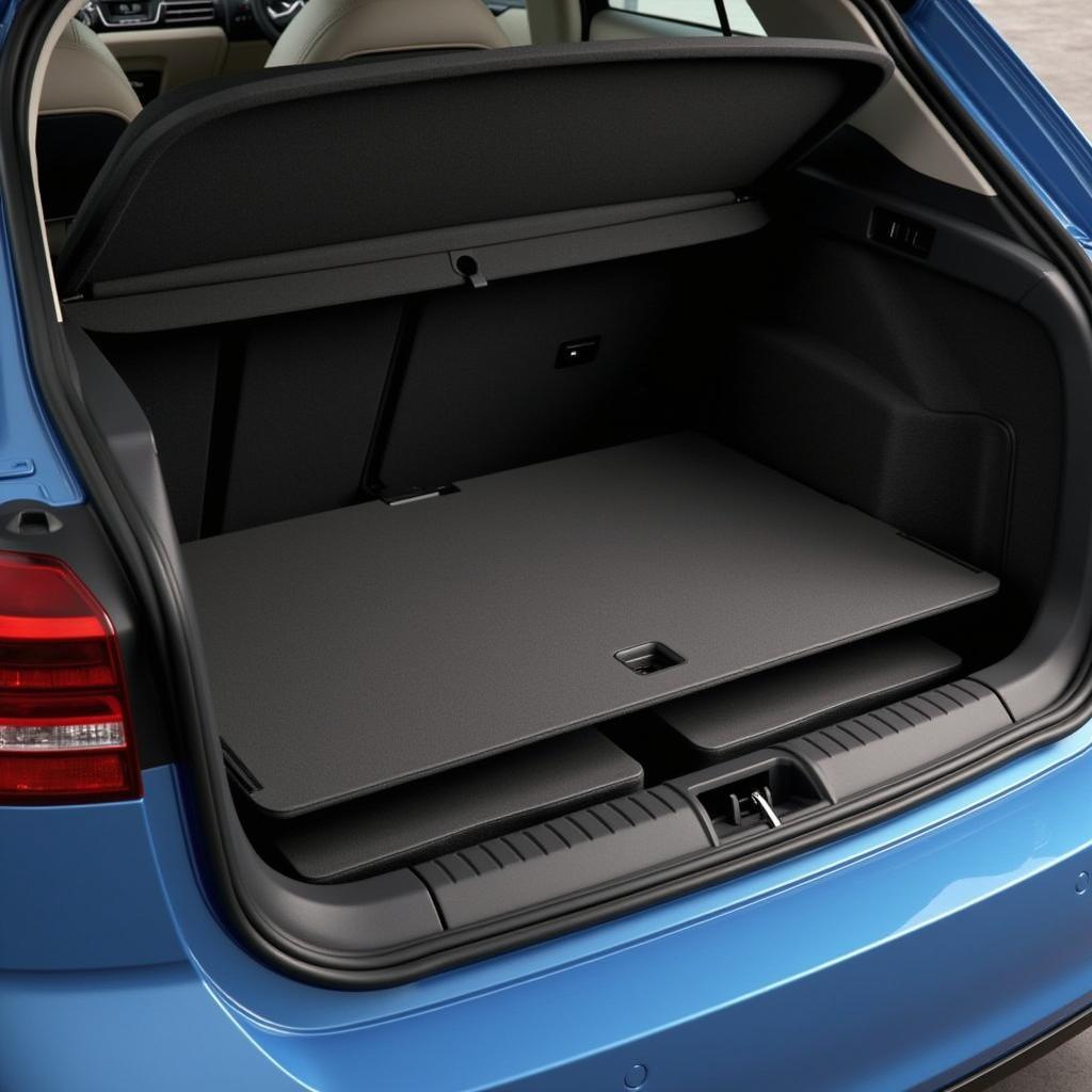 Golf 8 trunk with variable loading floor, demonstrating adjustable height for cargo space