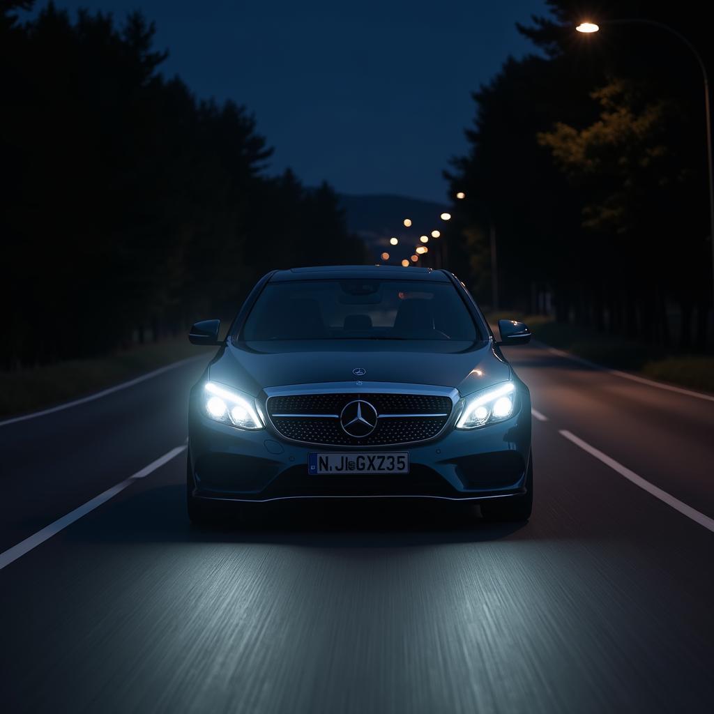 Mercedes-Benz mit aktiviertem High-End Licht Paket auf der Straße