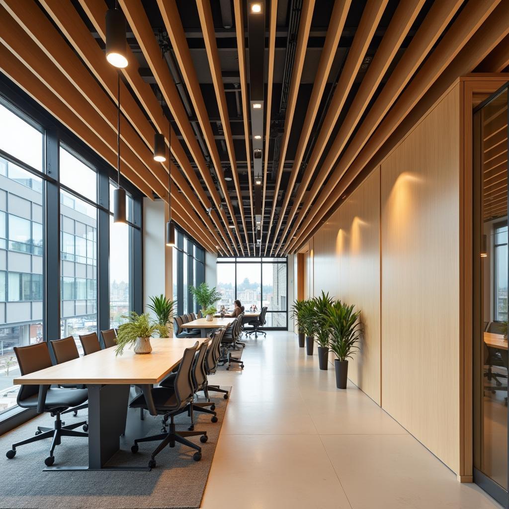 Holzdeckenlamellen in einem modernen Bürogebäude