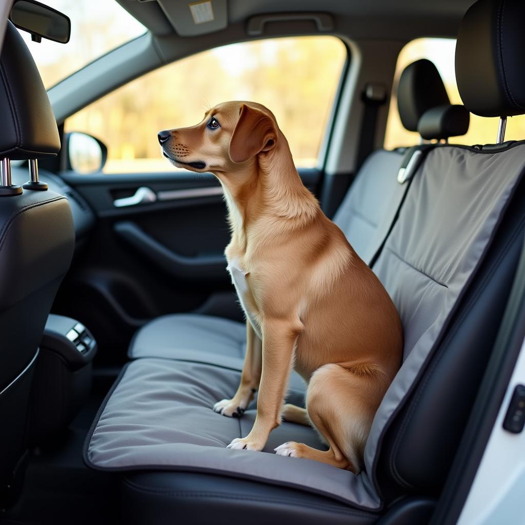 Ein Hund sitzt auf einer Schutzdecke im Auto und blickt aus dem Fenster