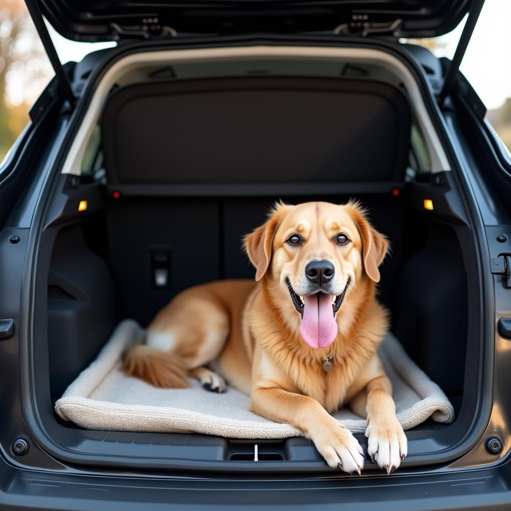 Happy dog in a dog crate in an Opel Mokka