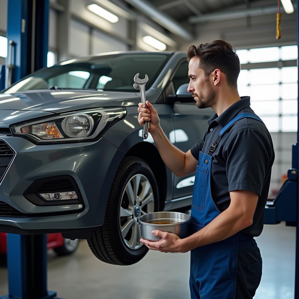 Mechaniker führt einen Ölwechsel an einem Hyundai i20 durch