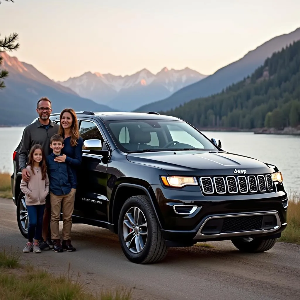 Ein Jeep Grand Cherokee mit einer Familie davor, die am Ufer eines Sees steht