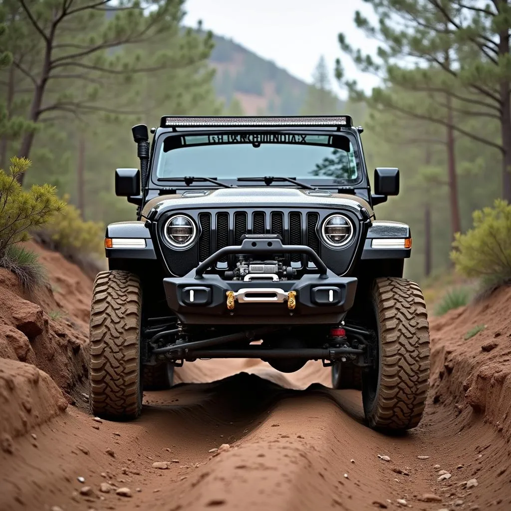 Ein Jeep Wrangler fährt durch unwegsames Gelände