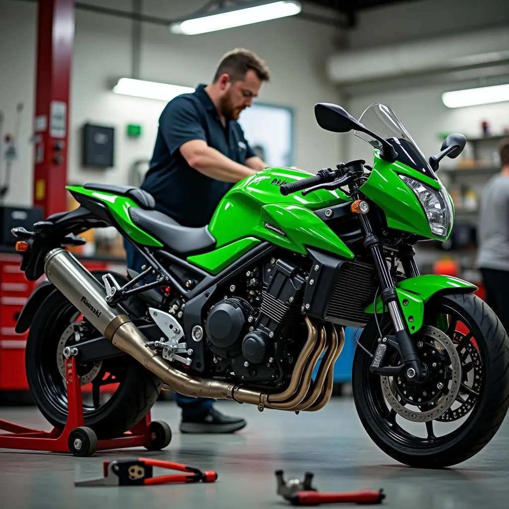 Kawasaki motorcykel under vedligeholdelse på værksted