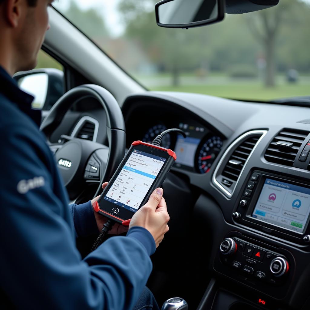 KFZ-Mechaniker führt eine Fahrzeugdiagnose durch