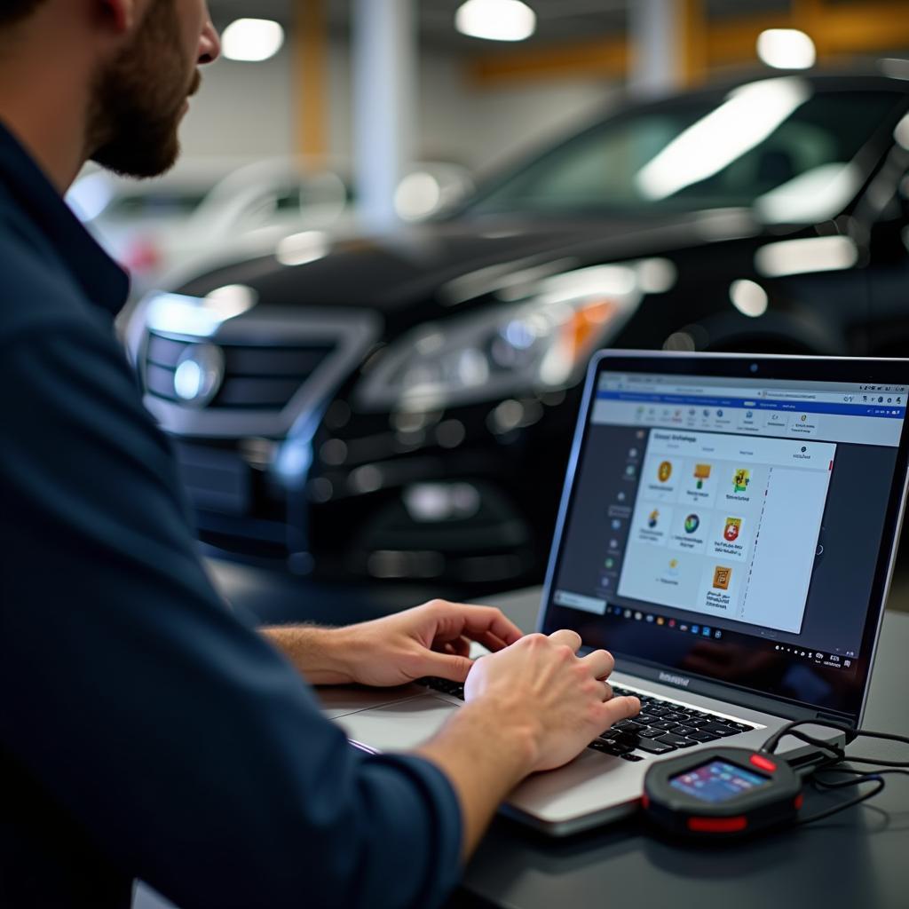 Ein Kfz-Mechaniker verwendet ein Diagnosegerät, das an einen Laptop angeschlossen ist, um ein Auto zu überprüfen.