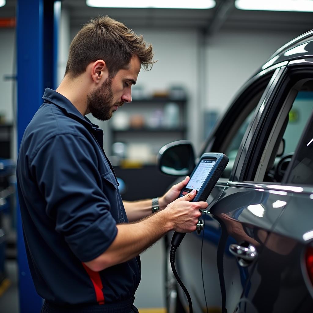 Kfz-Mechaniker analysiert Daten am Diagnosegerät