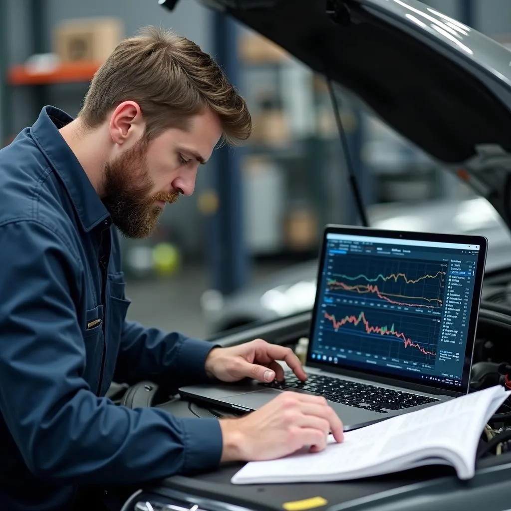 KFZ-Mechaniker analysiert Daten am Laptop