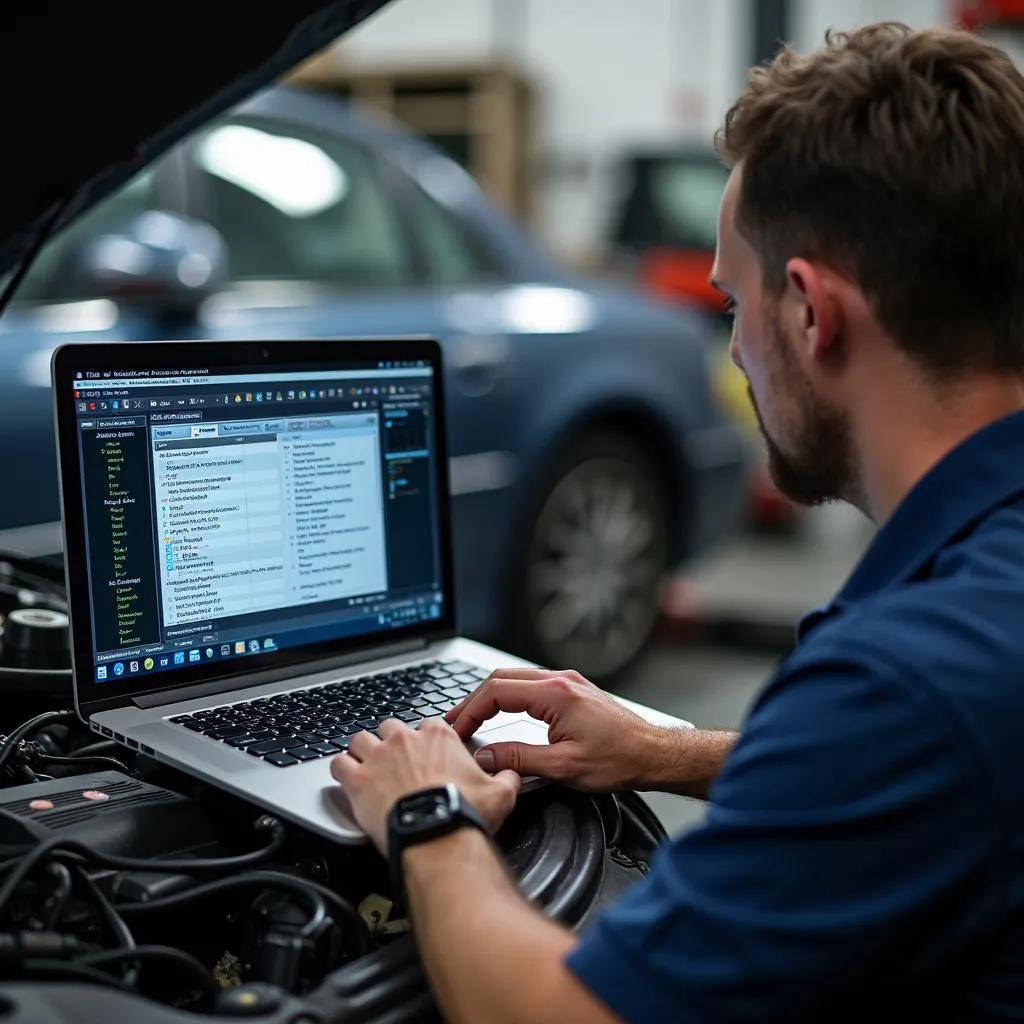 KFZ-Mechaniker analysiert Fehlercodes mit Laptop