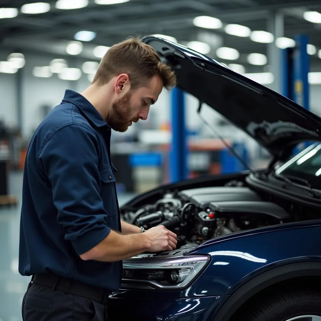 Kfz-Mechaniker arbeitet an einem Elektroauto