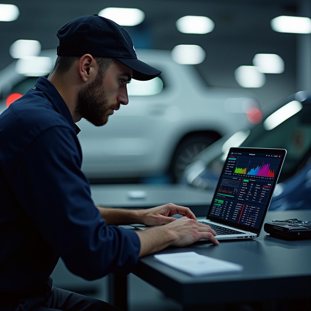 KFZ-Mechaniker analysiert Fahrzeugdaten am Laptop