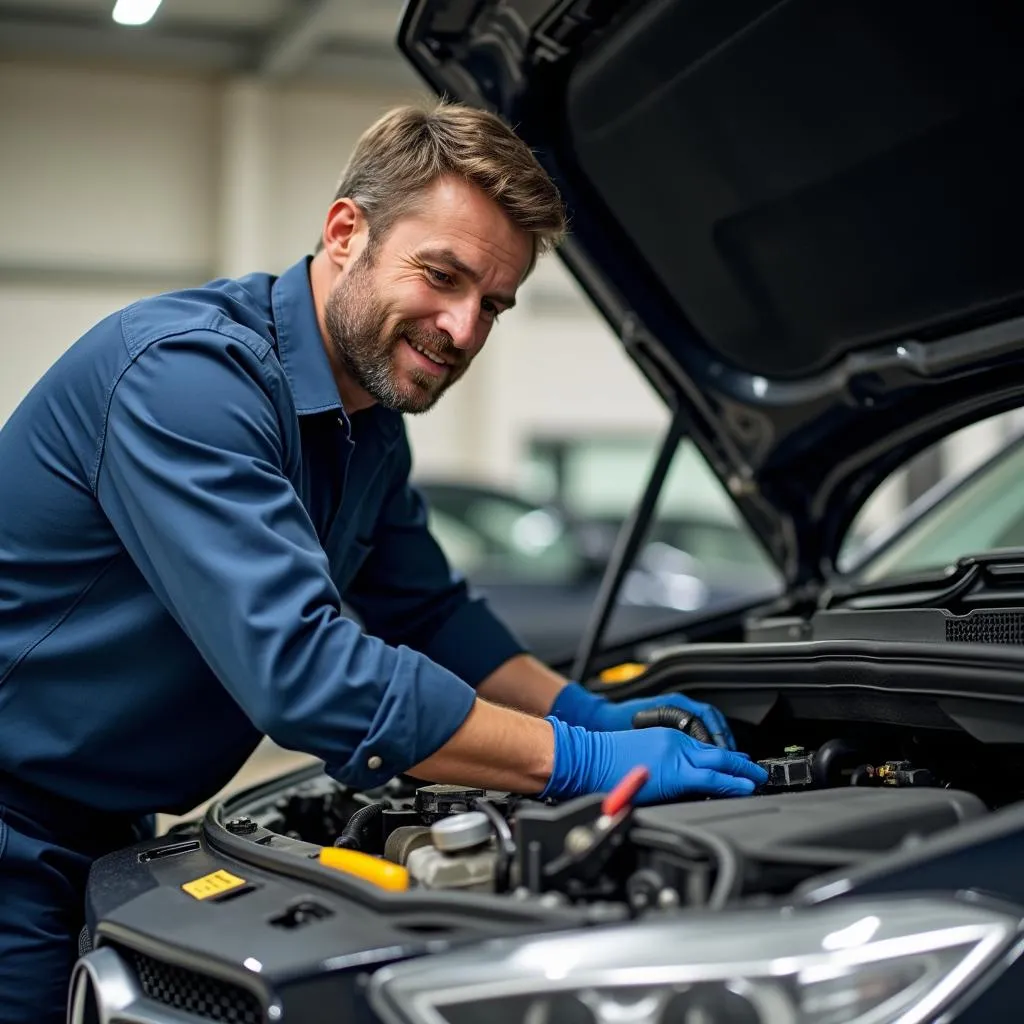 Kfz-Mechaniker arbeitet an einem Motor