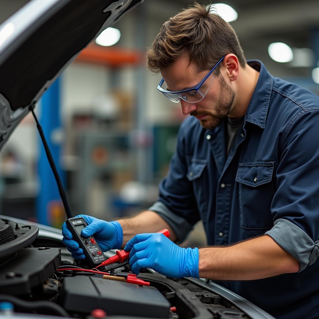 Kfz-Mechaniker prüft eine Autobatterie