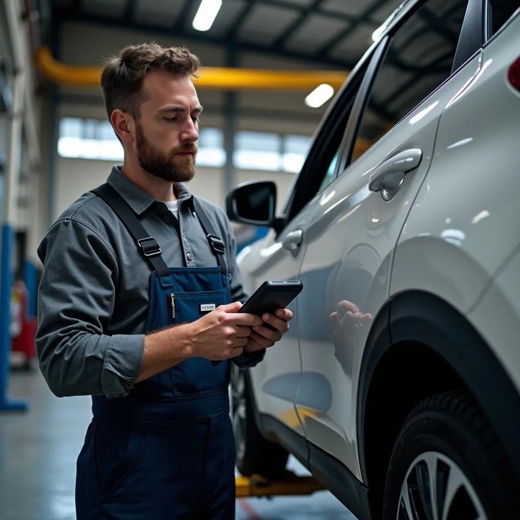 Automonteur inspecteert auto in werkplaats