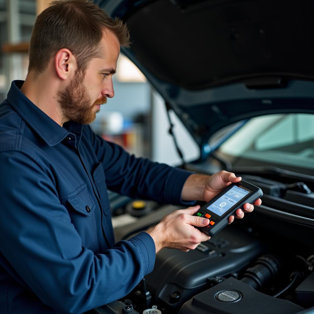 Kfz-Mechaniker verwendet ein Diagnosegerät an einem Fahrzeug