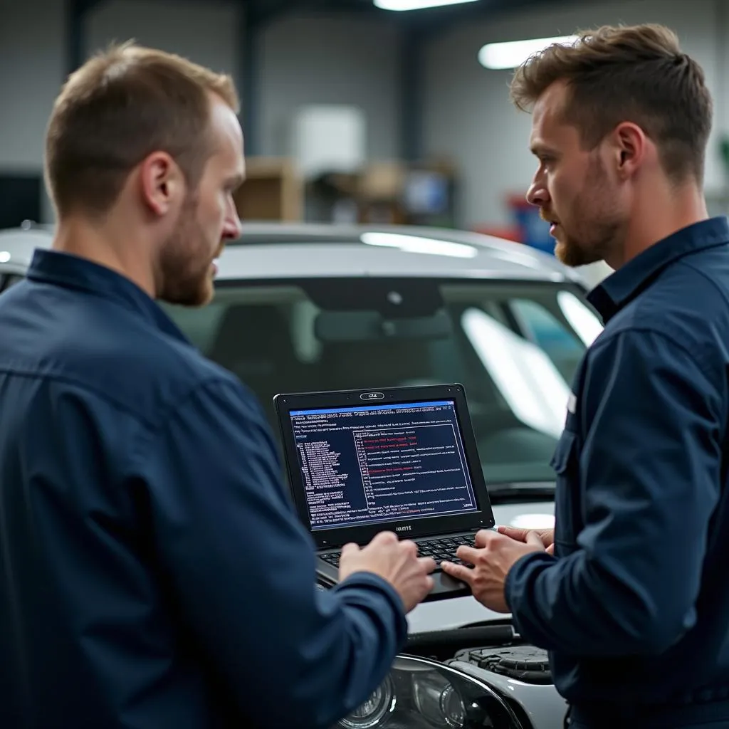 Kfz Mechaniker diskutieren Fehlercode