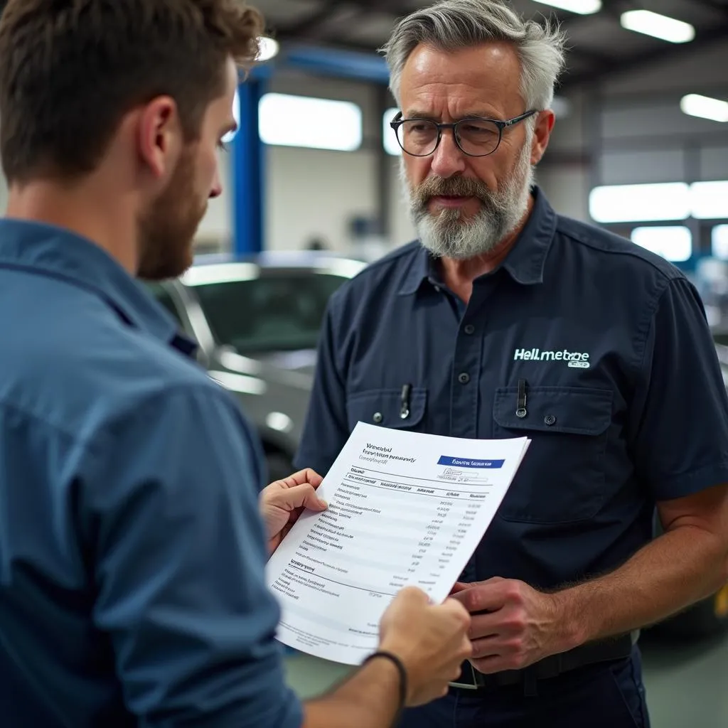 Ein Kfz-Mechaniker erklärt einem Kunden die Rechnung für die durchgeführte Reparatur. 